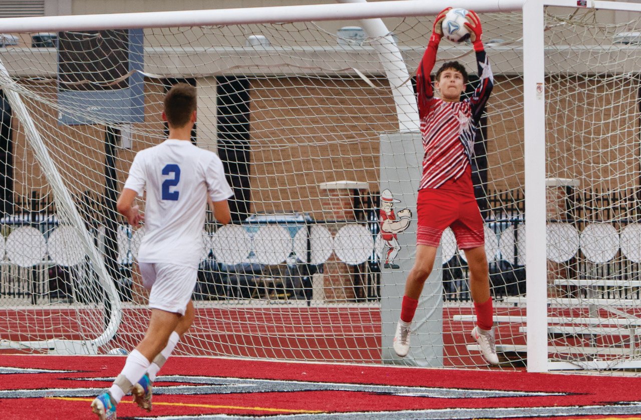 Southmont goalkeeper Rylan Gayler makes a save from the goal in a 1-0 county loss to Crawfordsville on Thursday.